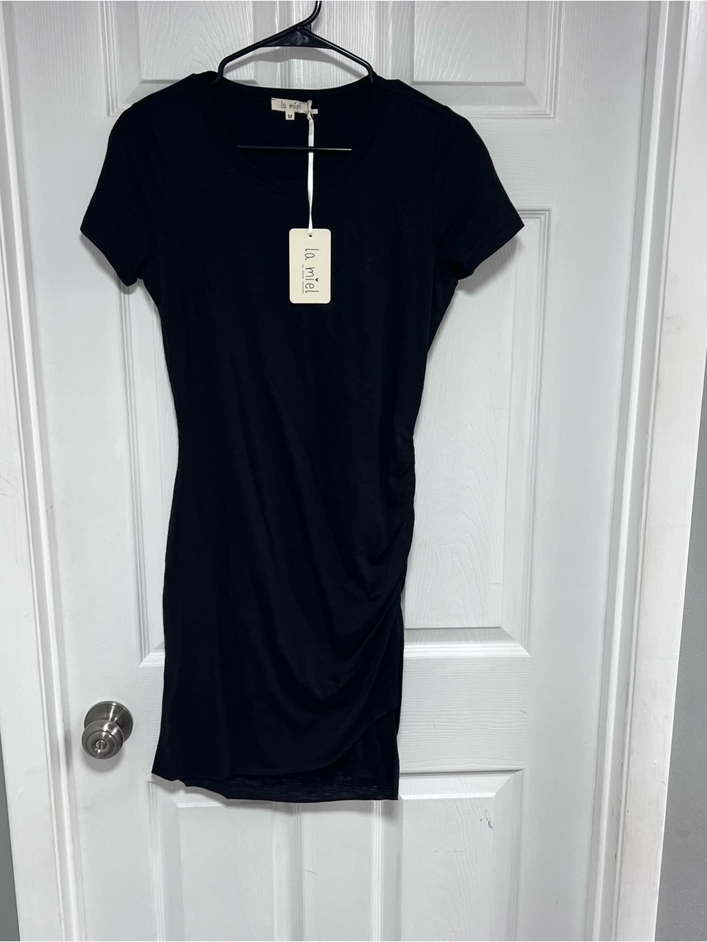 NWT - LA MIEL Black Short Sleeve Ruched T-Shirt Dress Size M